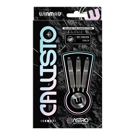 Winmau Callisto 03 Steeldarts Das Bild zeigt eine Verpackung der "Winmau Callisto 03 Steeldarts". Drei Steeldarts mit 90% Tungsten und Astro Grip Technologie sind sichtbar durch ein Sichtfenster präsentiert.
