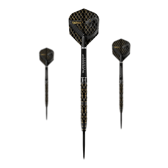Harrows Taipan Steeldarts Das Bild zeigt drei Harrows Taipan Steeldarts mit einem schwarzen und goldenen Design. Die Darts haben eine strukturierte Oberfläche und moderne Flights.
