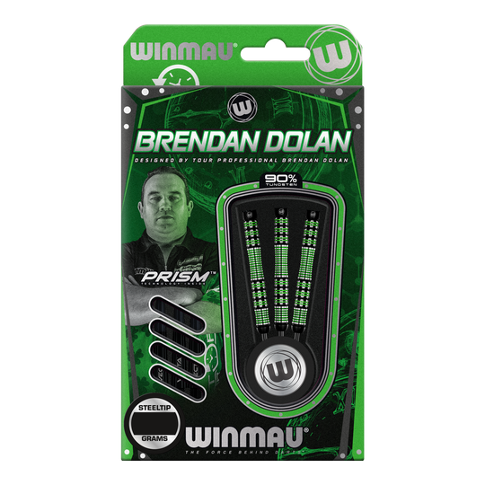 Winmau Brendan Dolan steel darts Die Abbildung zeigt eine Verpackung der Winmau Brendan Dolan Steeldarts. In der Packung sind drei Darts mit schwarzem und grünem Design zu sehen.
