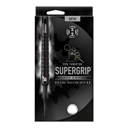 Harrows Supergrip Black Edition soft darts Das Bild zeigt die Verpackung der "Harrows Supergrip Black-Edition Softdarts". Die Darts bestehen zu 90 % aus Tungsten und haben eine hohe Griffigkeit.