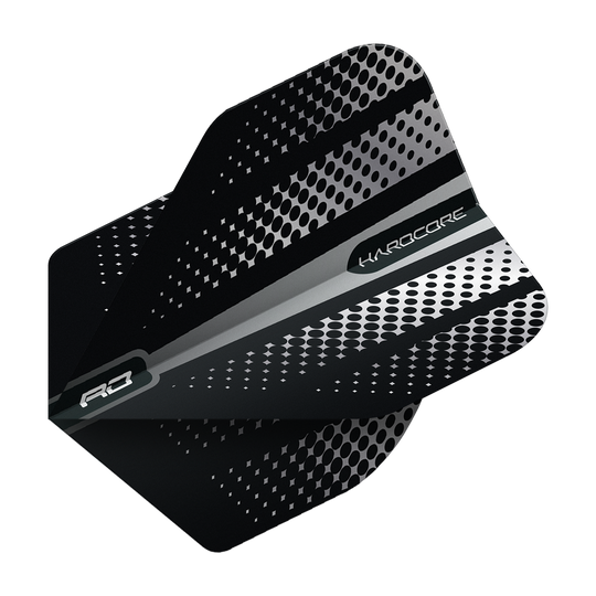 Das Bild zeigt ein schwarzes Dart-Flight mit silbernen und grauen Punktmustern. Auf dem Flight stehen die Wörter "HARDCORE" und "RD".