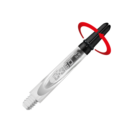 HR447_Harrows_Carbon_360_Shafts_Clear_42mm_2_Symbol Auf dem Bild ist ein transparenter Dart-Schaft mit der Aufschrift "C-360" zu sehen. Am oberen Ende zeigt ein roter Pfeil eine Drehbewegung an.