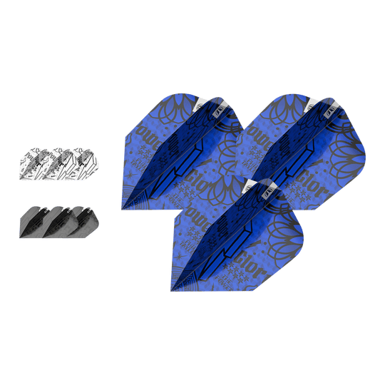 Target Ink Bundle 3 Sets Power Ten-X Flights Das Bild zeigt drei Sets von Target Ink Bundle Power Ten-X Flights in verschiedenen Farben und Designs. Die größten Flights sind blau mit auffälligen Mustern, während die anderen schwarz und weiß sind.