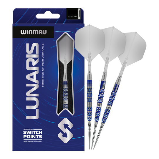 Hier ist das Produkt Winmau Lunaris Tapered Switch Point Steeldarts zu sehen. Diese Steeldarts bieten eine hochwertige Verarbeitung und ein elegantes Aussehen.