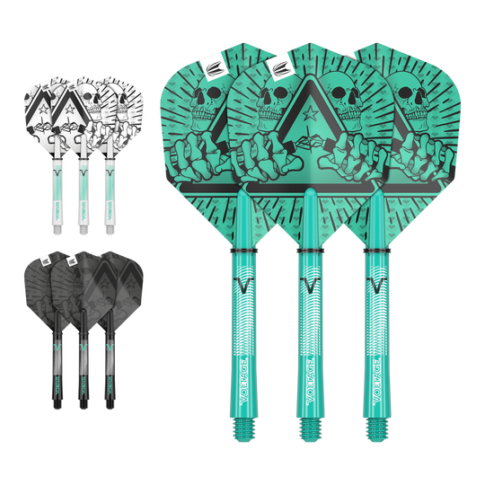 Das Bild zeigt drei Sätze von Dartflights und -schäften in unterschiedlichen Farben und Designs. Die größten Flights haben ein auffälliges grünes Motiv mit einem Totenkopf und einer Hand.