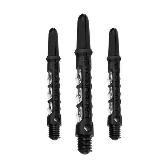 HR417_Harrows_Carbon_ST_Shafts_Clear_40mm_1d0txrh7mi9kq8 Das Bild zeigt drei klare Harrows Carbon ST Shafts für Dartpfeile. Die Schäfte sind schwarz mit durchsichtigen Elementen und tragen die Aufschrift "CARBON ST".