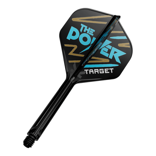 Target K-Flex Phil Taylor No2 Standard Flight Shaft System Auf dem Bild ist ein Dartpfeil mit schwarzer Flight zu sehen. Auf der Flight steht in blauer und weißer Schrift "The Power" und "Target" mit goldenen Zierstreifen.
