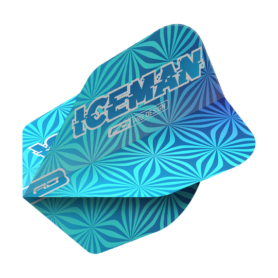 Red Dragon Gerwyn Price Iceman Blue No6 Flights Das Bild zeigt ein blaues Dart-Flight mit geometrischem Muster und der Aufschrift "ICEMAN". Es handelt sich um das Produkt "Red Dragon Gerwyn Price Iceman Blue No6 Flights".