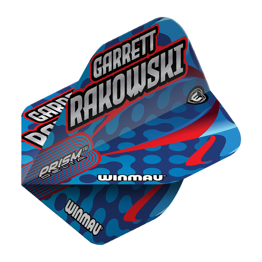 Auf dem Bild ist ein Winmau Prism Delta Garrett Rakowski Standard Flight zu sehen. Das Design ist blau mit roten und hellblauen Akzenten und trägt den Namen "Garrett Rakowski".