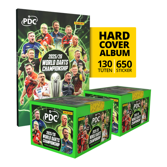 Panini PDC World Darts Championship 2025/26 - Hardcover Mega Bundle with two sticker boxes Abgebildet ist das Panini PDC World Darts Championship 2025/26 Hardcover Mega Bundle mit zwei Stickerboxen. Das Produkt eignet sich für Dart-Fans zum Sammeln und Tauschen.