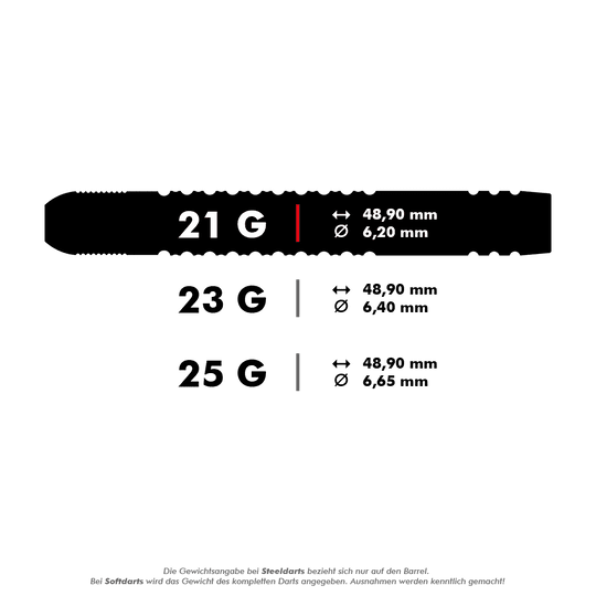 190224-_Target_Dimitri_Van_Den_Bergh_GEN2_Swiss_Point_Steeldarts_5_21g Das Bild zeigt die technischen Daten von Steeldarts in den Gewichten 21 g, 23 g und 25 g. Die Darts sind jeweils 48,90 mm lang und haben je nach Gewicht unterschiedliche Durchmesser: 6,20 mm, 6,40 mm und 6,65 mm.