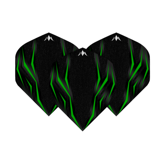 Das Bild zeigt die Mission Lava Green No2 Standard Flights. Die Flights sind schwarz mit grünen, leuchtenden Linien und einem kleinen weißen Logo oben.