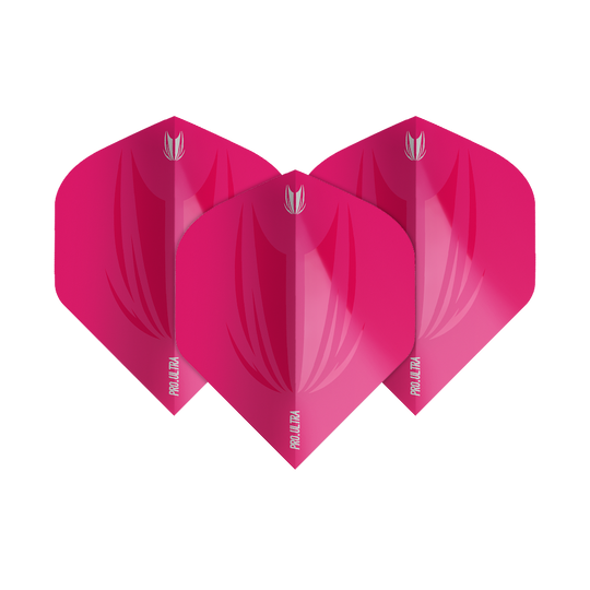 TG420_Target_ProUltra_ID_Pink_No2_Standard_Flights_101HNZmkKl9735 Das Bild zeigt drei pinkfarbene Dart-Flights des Modells "Target ProUltra ID Pink No2 Standard". Jeder Flight hat das Target-Logo und die Aufschrift "Pro Ultra" in weiß.