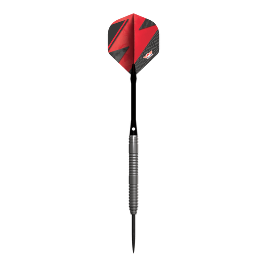 Bulls NL Lightning Red steel darts Das Bild zeigt einen Steeldart-Pfeil mit einem silbernen Griff und einer roten Flights. Der Pfeil trägt das Design und Logo der Marke Bulls NL Lightning Red.