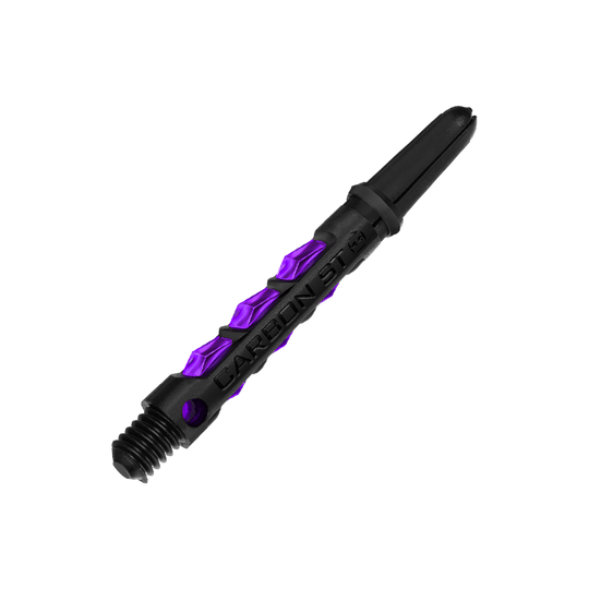 HR426_Harrows_Carbon_ST_Shafts_Lila_40mm_2 Das Bild zeigt das Produkt "Harrows Carbon ST Shafts - Lila". Es handelt sich um einen schwarzen Dart-Schaft mit lila Akzenten und der Aufschrift "CARBON ST".