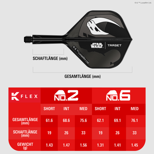 Target Star Wars K-Flex Set Mandalorian No2 Standard Flights Abgebildet ist das Target Star Wars K-Flex-Set Mandalorian No2 Standard Flights. Die Flights zeigen ein Design im Stil von Mandalorian aus Star Wars.