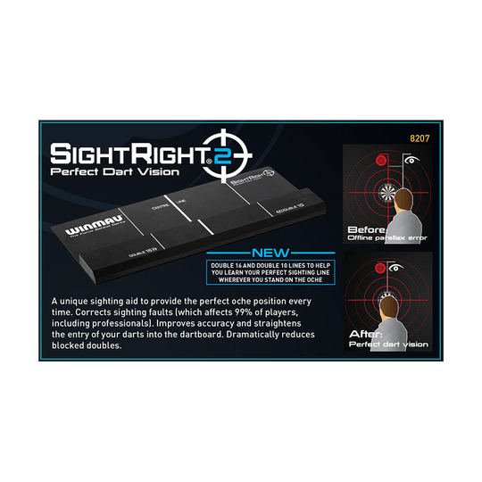 8207_Winmau_SightRight2_2 Das Bild zeigt das Produkt "Winmau SightRight 2", ein Zielsicht-Hilfsmittel für Dartspieler. Es hilft dabei, die perfekte Wurfposition zu finden und die Genauigkeit beim Dartspielen zu verbessern.