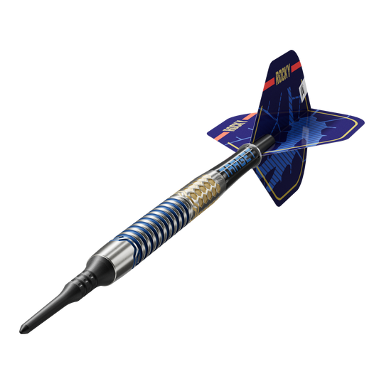 Target Josh Rock GEN1 Soft Darts - 20g Das Bild zeigt einen Target Josh Rock GEN1 Softdart mit einem Gewicht von 20g. Der Dart hat ein modernes, blau-silbernes Design mit auffälligen Flügeln.