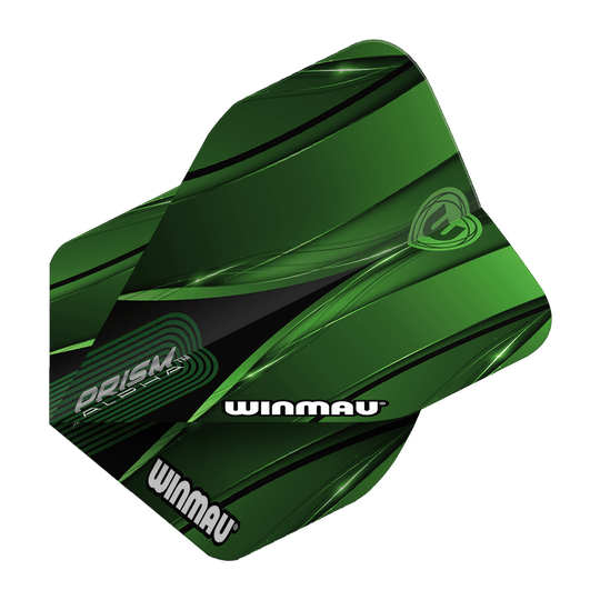 Winmau Alpha Sniper Green Standard Flights Das Bild zeigt das Produkt "Winmau Alpha Sniper Green Standard Flights". Die Dart-Flights sind grün mit schwarzen und weißen Akzenten gestaltet und tragen den Schriftzug "WINMAU".