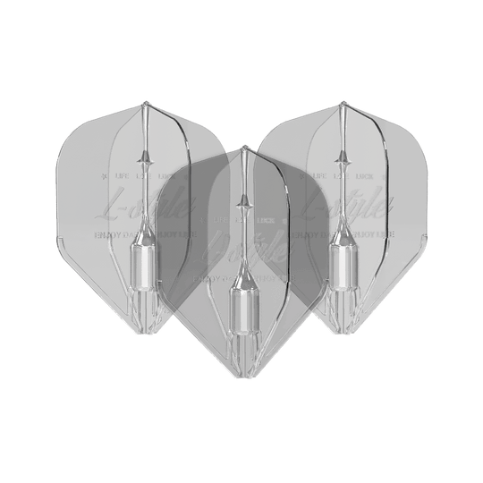 L-Style Fantom L1EZ Flights Clear Das Bild zeigt drei transparente Dartflights des Modells "L-Style Fantom L1EZ Flights Clear". Die Flights sind klar und haben eine klassische Pfeilform.
