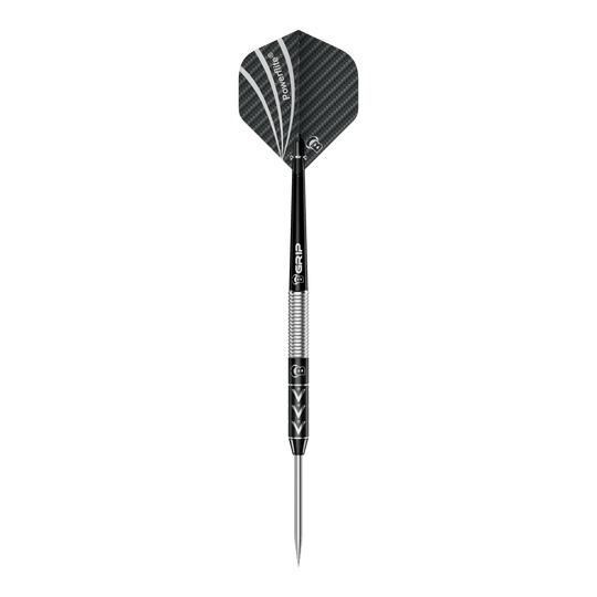 Bulls Challenger Arno Merk steel darts - 22g Das Bild zeigt einen Steeldart namens "Bulls Challenger Arno Merk Steeldarts - 22g". Der Dartpfeil ist schwarz-silber und hat ein modernes Design mit strukturiertem Schaft und schwarzer Flight.
