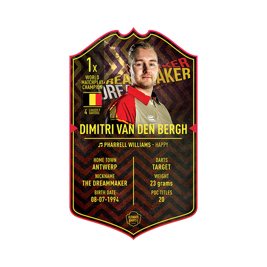 UDC-31_Ultimate_Darts_Card_Standard_DimitriVanDenBergh_1 Auf dem Bild ist die Ultimate Darts Karte von Dimitri Van Den Bergh zu sehen. Die Karte zeigt ein Porträt von ihm sowie wichtige Informationen zu seiner Dartkarriere.