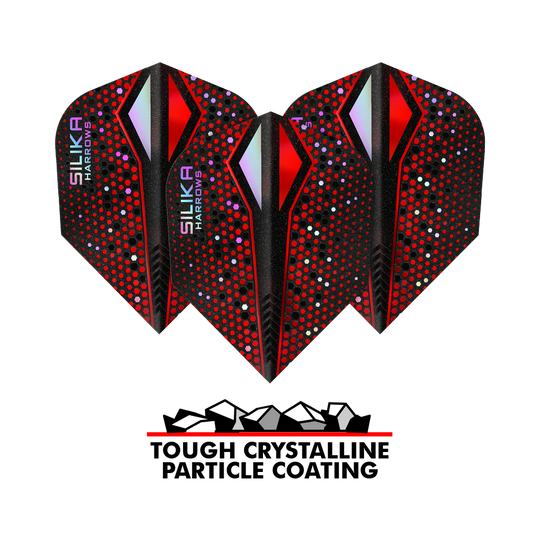 Das Bild zeigt drei Dart-Flights der Marke Harrows Silika Colourshift in Rot und Schwarz mit bunten Punkten. Unter den Flights steht der Text „Tough Crystalline Particle Coating“ mit einer Grafik von kleinen Kristallen.