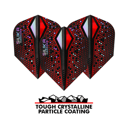Harrows Silika Colorshift Tough Crystalline Coating Red-X No6 Flights Das Bild zeigt drei Dart-Flights der Marke Harrows Silika Colourshift in Rot und Schwarz mit bunten Punkten. Unter den Flights steht der Text „Tough Crystalline Particle Coating“ mit einer Grafik von kleinen Kristallen.