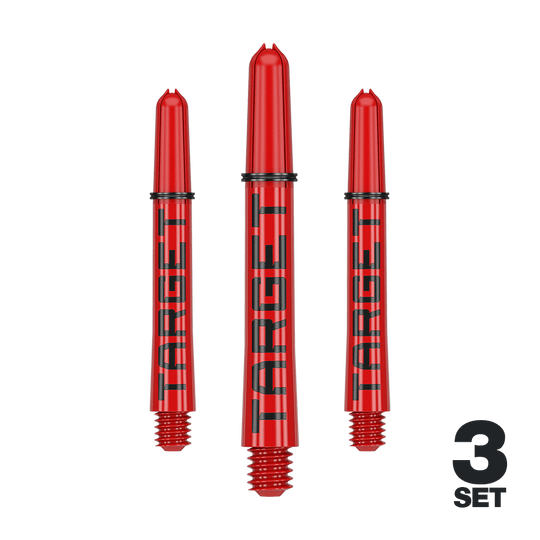 Target Pro Grip TAG Shafts - 3 Sets - Red Das Bild zeigt drei rote Dartschäfte mit der Aufschrift "TARGET". Unten rechts steht "3 SET", was auf ein Set mit drei Stück hinweist.
