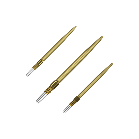 Target Swiss Point Nano Dart Tips - Gold Auf dem Bild sind drei goldfarbene Dartspitzen zu sehen. Sie haben eine feine Riffelung und ein silbernes Schraubgewinde am Ende.