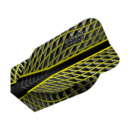 HR87_Harrows_Silika_Yellow_Slim_Flights_2 Das Bild zeigt das Produkt "Harrows Silika Yellow Slim Flights". Es hat ein schlankes Design mit einem auffälligen gelben und schwarzen Muster.