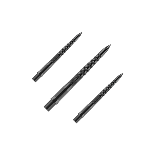 Mission Caliburn EVO Dart Tips - Ripple - Black Auf dem Bild sind drei schwarze Steeldartspitzen mit einem geriffelten Muster zu sehen. Sie sind als Set angeordnet und haben eine Länge von 26 mm.