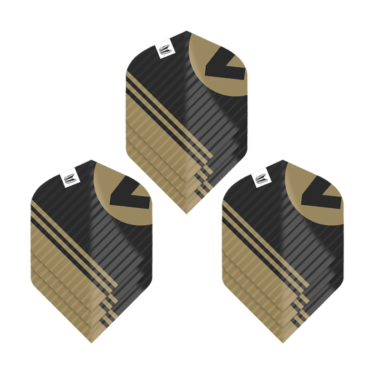 337219_Target_ProUltra_3Sets_Chicane_Black_No2_Standard_Flights_1GfKd1kYTo8y59 Das Bild zeigt drei Sets von Target Pro Ultra Chicane Black No2 Standard Flights. Die Flights sind schwarz mit goldenen Akzenten und haben ein modernes, gestreiftes Design.