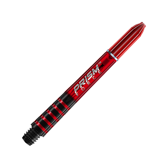 7020-404_Winmau_Prism_Force_Shafts_Rot_41mm_2 Das Bild zeigt einen roten Winmau Prism Force Shafts für Darts. Der Hintergrund ist mit schrägen, roten und weißen Streifen gestaltet.