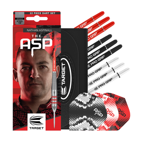 Target Nathan Aspinall Brass Steel Darts - 22g Zu sehen sind die Target Nathan Aspinall Brass Steeldarts mit 22 Gramm Gewicht. Diese Darts sind ideal für präzises Steeldart-Spiel.