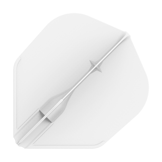 L-L-Style3EZ Flights Das Bild zeigt ein weißes Dartflight in einer einfachen, geometrischen Form. In der Mitte verläuft ein feiner, strukturierter Streifen mit einem kleinen Sternmotiv.