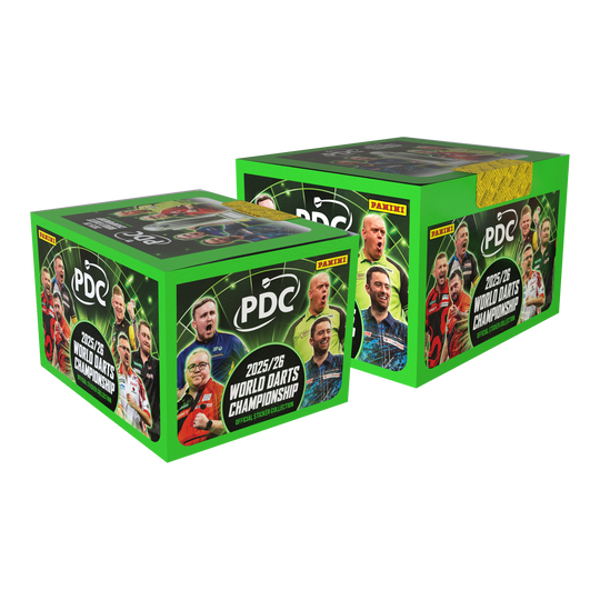 Das Bild zeigt das Panini PDC World Darts Championship 2025/26 Softcover Mega Bundle mit zwei Stickerboxen. Es handelt sich um ein Sammelalbum und zwei Stickerboxen für Dart-Fans.