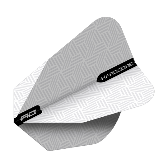 TF6848_Red_Dragon_White_V-Standard_Flights_2tNkFitBtu1GOB Das Bild zeigt das Produkt "Red Dragon White V-Standard Flights" für Darts. Die Flights sind weiß mit einem dezenten, geometrischen Muster und schwarzen Akzenten.