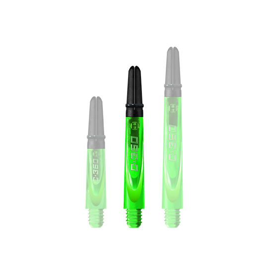 HR453_Harrows_Carbon_360_Shafts_Gr-n_42mm_1 Auf dem Bild sind drei grüne Dartschäfte in unterschiedlicher Länge zu sehen. Die Schäfte haben schwarze Spitzen und die Aufschrift "C.360".