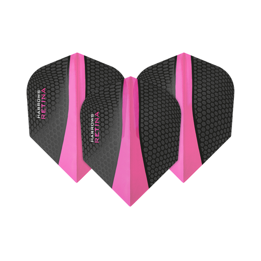 HR5511_Harrows_Retina_Pink_No2_Standard_Flights_1M6nVoZoSTjJya Das Bild zeigt drei Harrows Retina Pink No6 Flights für Darts. Sie sind schwarz mit einem pinken Streifen und Wabenmuster gestaltet.