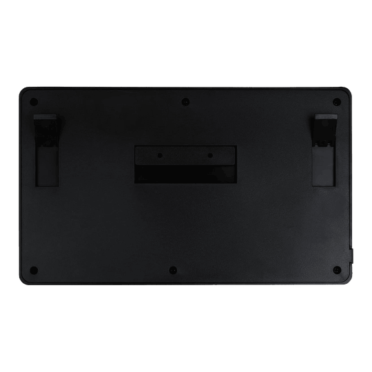 XQMax Dublin Dart Counter Das Bild zeigt die Rückseite des XQMax Dublin Dart Counter. Die Oberfläche ist schwarz mit zwei ausklappbaren Ständern und mehreren Befestigungspunkten.