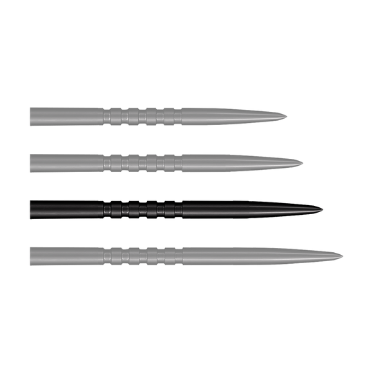 Das Bild zeigt vier schwarze Stahlspitzen für Steeldarts, die nebeneinander liegen. Jede Spitze ist 38 mm lang und hat gerillte Griffzonen.