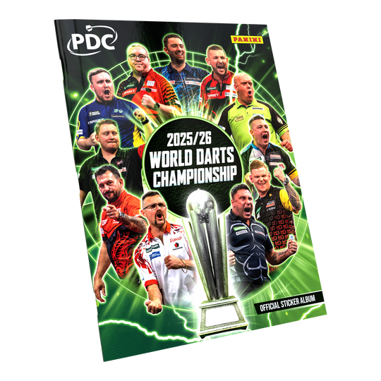Auf dem Bild ist das Panini PDC World Darts Championship 2025/26 Offizielle Sticker Softcover Sammelalbum abgebildet. Dieses Album dient zum Sammeln und Aufbewahren von Stickern zur Dart-Weltmeisterschaft.