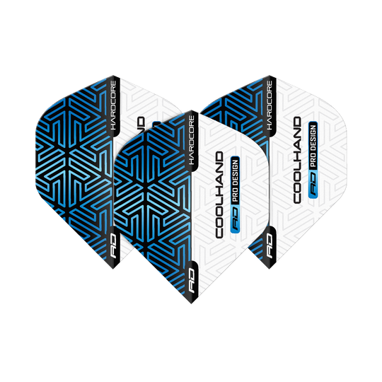 Red Dragon Hardcore Luke Humphries Blue White Premium Standard Flights Das Bild zeigt vier Dart-Flights in Blau und Weiß mit geometrischem Muster. Auf den Flights stehen die Wörter "HARDCORE", "COOLHAND" und "RD PRO DESIGN".