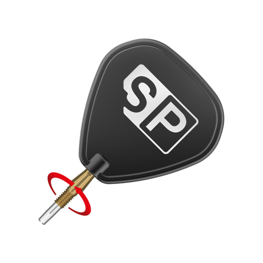 Target Swiss Storm Diamond Point Dart Tips - Gold Das Bild zeigt eine schwarze Dartflügel mit der Aufschrift "SP" in weiß. Daran ist eine goldene Dartspitze befestigt.