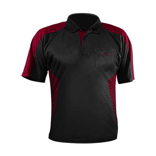 17737-Harrows-Vivid-Dartshirt-Black-DeepRed-1 Das Bild zeigt ein schwarzes Dartshirt mit dunkelroten Akzenten. Auf der linken Brusttasche steht der Schriftzug "HARROWS".