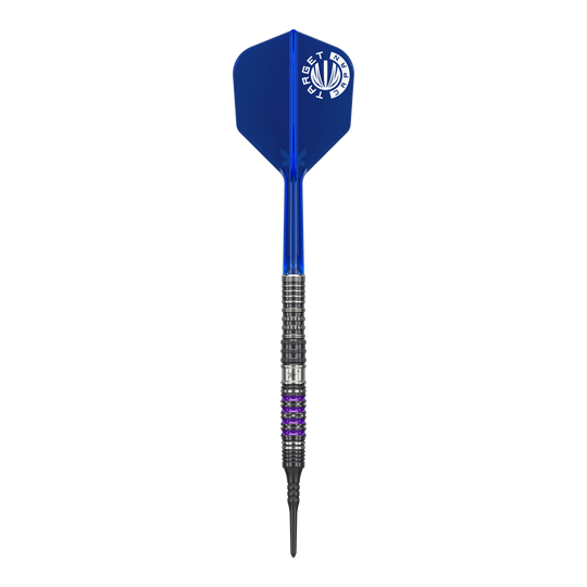 Auf dem Bild ist ein Softdart aus der Serie "Target Japan Prime Series Sirius GEN4" mit einem Gewicht von 21,5g zu sehen. Der Dart hat eine blaue Flight und einen schwarz-silbernen Schaft mit lila Akzenten.
