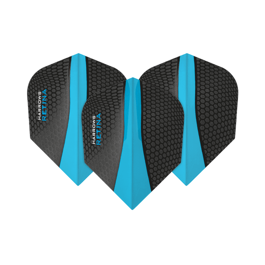 HR5512_Harrows_Retina_Hellblau_No2_Standard_Flights_1lkP0vrhQuvr5P Das Bild zeigt drei Harrows Retina Aqua No6 Flights für Dartpfeile. Die Flights sind schwarz mit einem blauen Streifen in der Mitte und einem Wabenmuster.