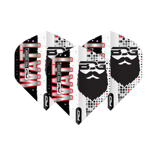 Das Bild zeigt vier Dartflights mit dem Aufdruck "WATT" und einem stilisierten Bartgesicht. Die Flights sind in Schwarz, Weiß und Rot gestaltet und tragen das Logo „BDG Pro Design“.