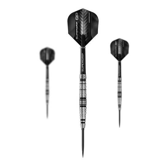 Das Bild zeigt die Harrows Supergrip Torpedo Quick Point Steeldarts. Das Produkt ist als 1 Set abgebildet.